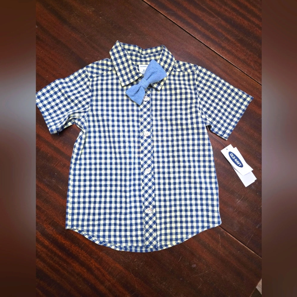 Old Navy Blue And Yelloq Checkered  Kids Shirt with Bow Tie-NWT